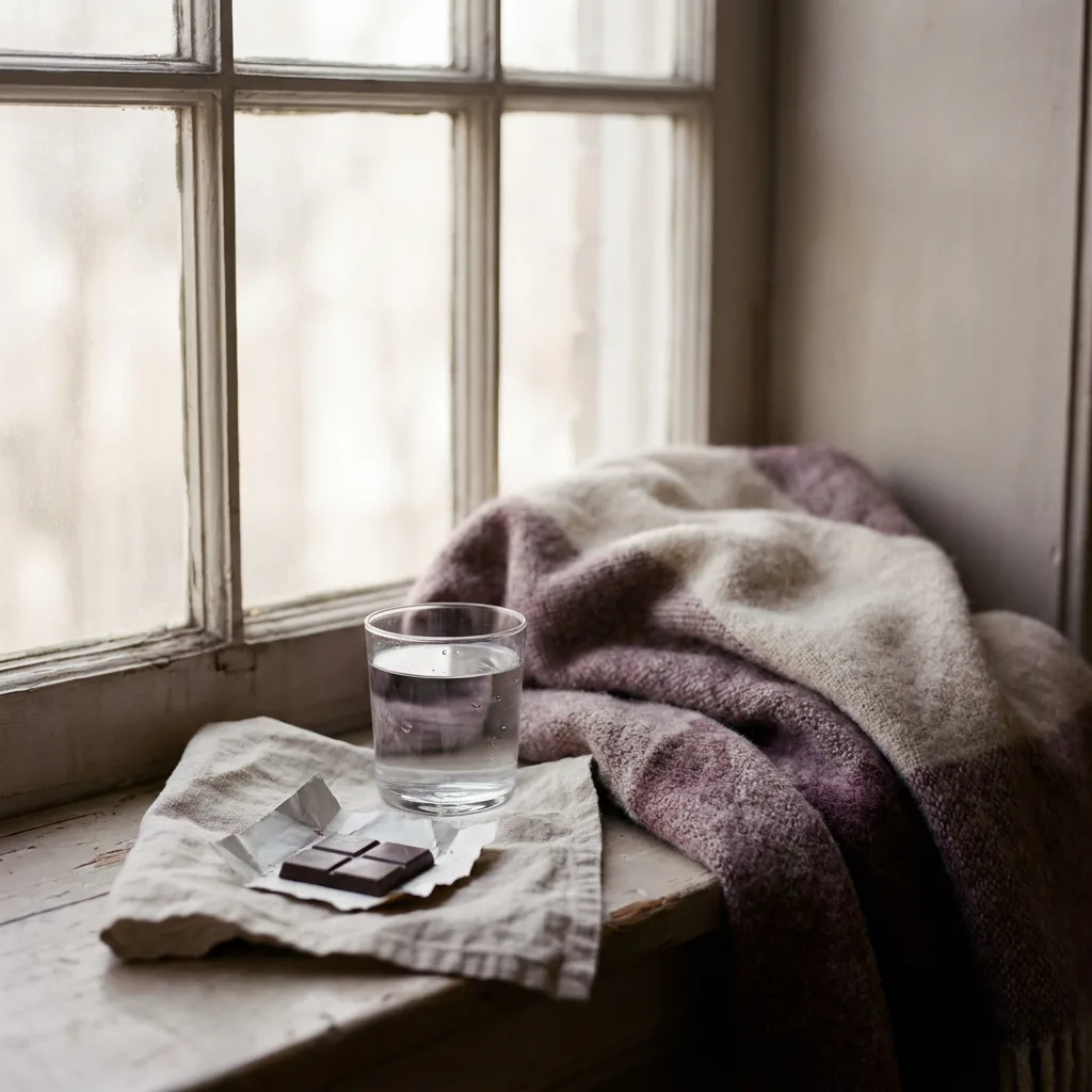 A glass of water, a folded blanket, and a square of dark chocolate on linen in warm low light.