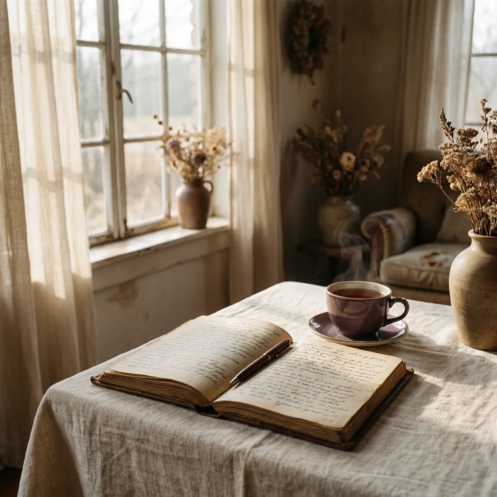 An open journal with a pen and a cup of tea by a bright window, soft morning light.