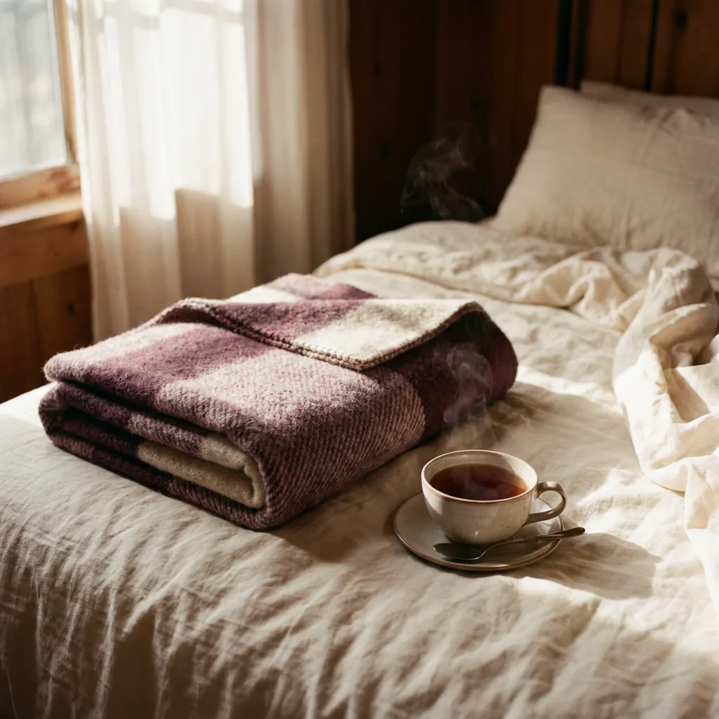 A folded wool blanket and a cup of tea in warm, low evening light.