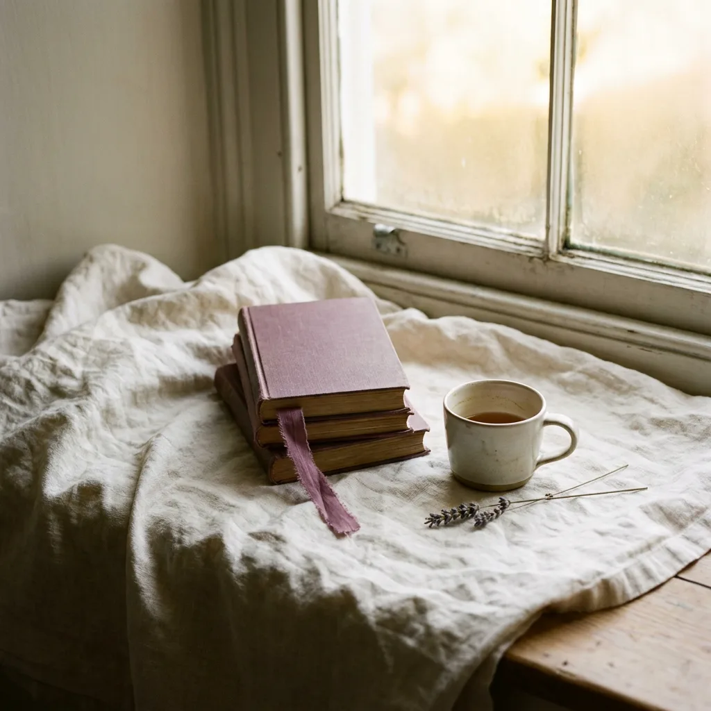 A small stack of cloth-bound books and a ribbon bookmark on cream linen.