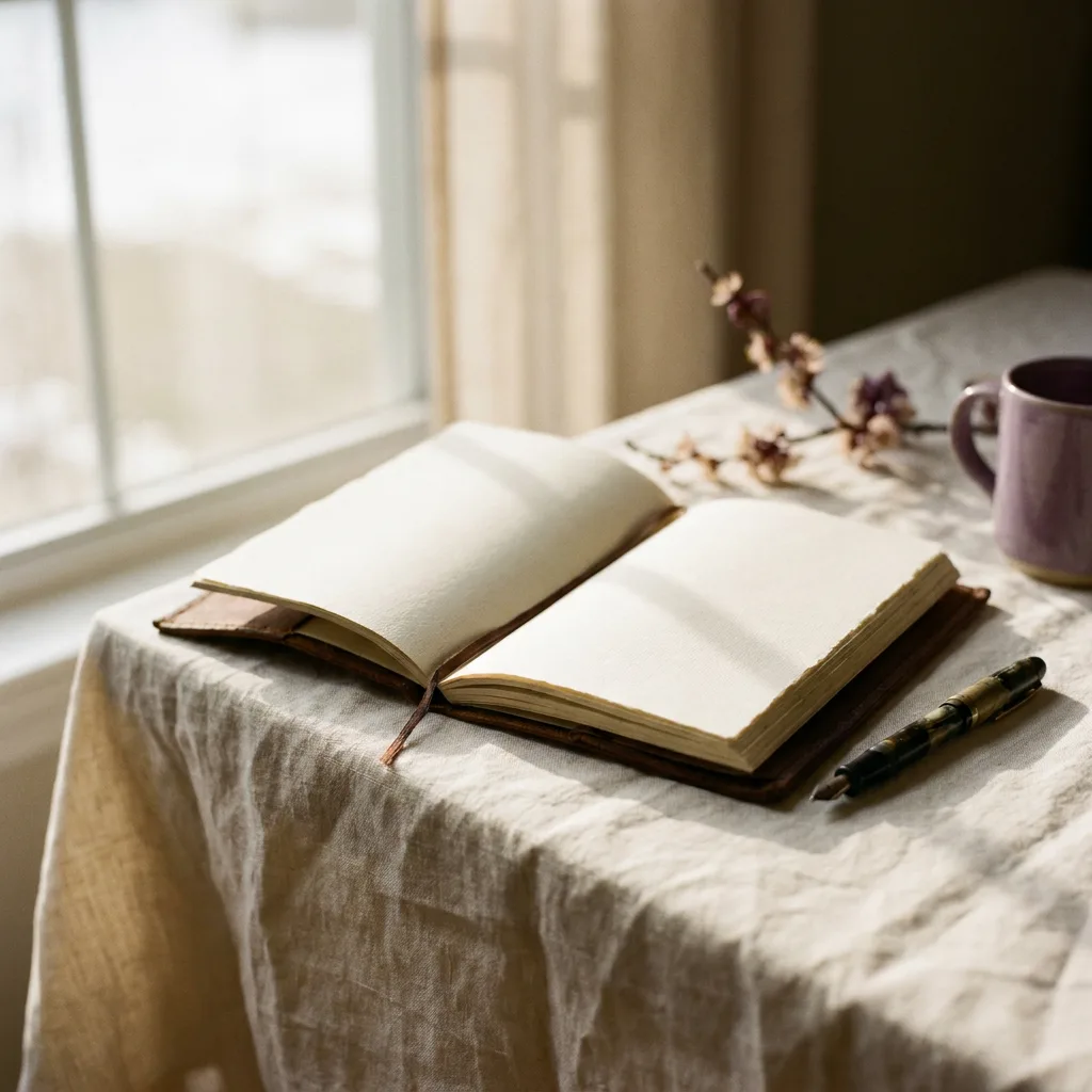 An open journal and a pen by a bright window, soft morning light on cream paper.