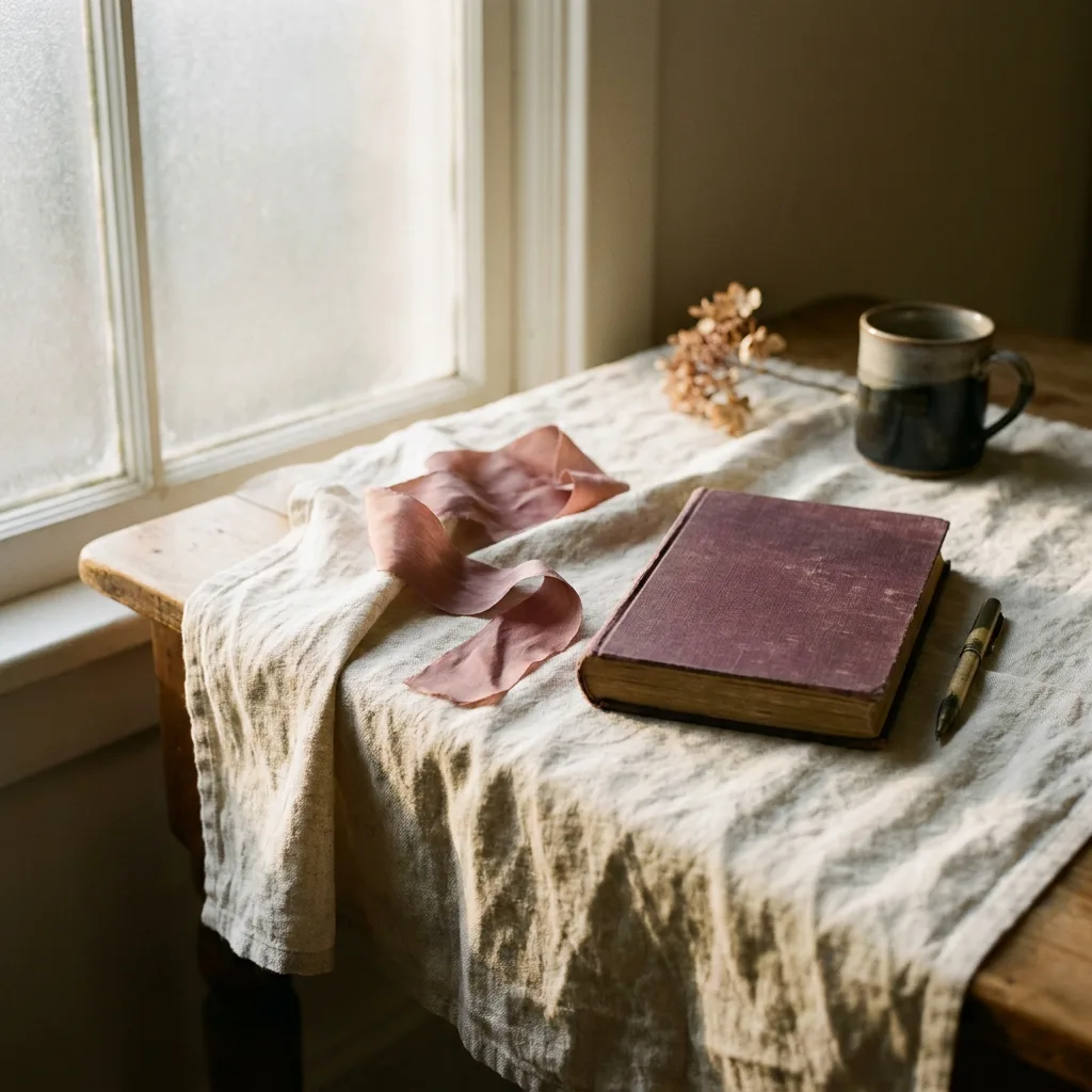 A cloth-bound journal, a pen, and a folded ribbon on cream linen in morning light.