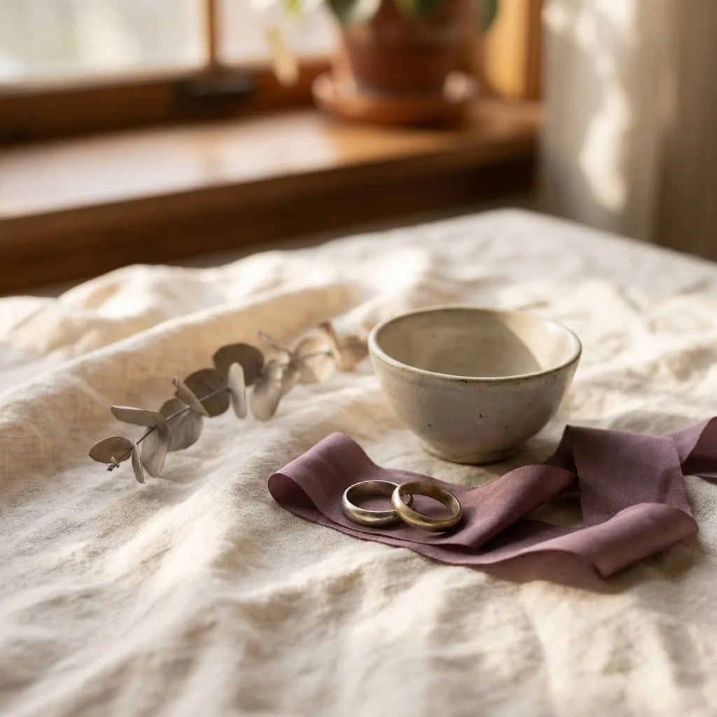 Two simple worn wedding rings resting on rumpled cream linen near a window, beside a folded plum ribbon, lit by soft warm morning light with shallow depth of field.